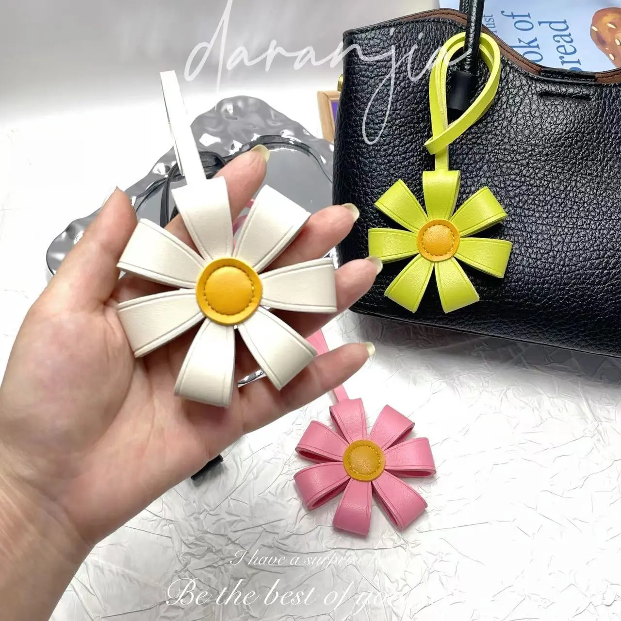 Colorful Sunflower Dopamine Bag Charm, PU Leather Small Flower Pendant, Exquisite Creative Leather Flower Ornament, Car Hanging
