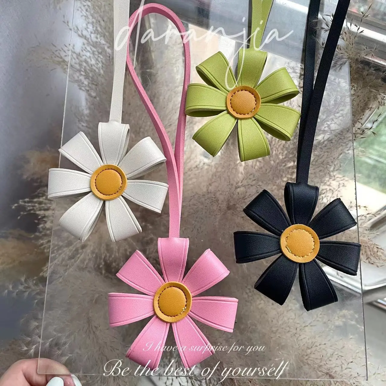 Colorful Sunflower Dopamine Bag Charm, PU Leather Small Flower Pendant, Exquisite Creative Leather Flower Ornament, Car Hanging