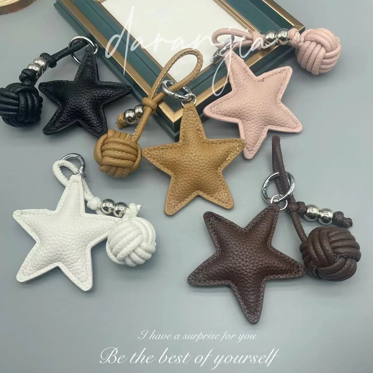 Five-pointed Star Woven Ball Charm, PU Leather Bag Pendant, Creative Woven Ball Star Keychain, Phone Hanger