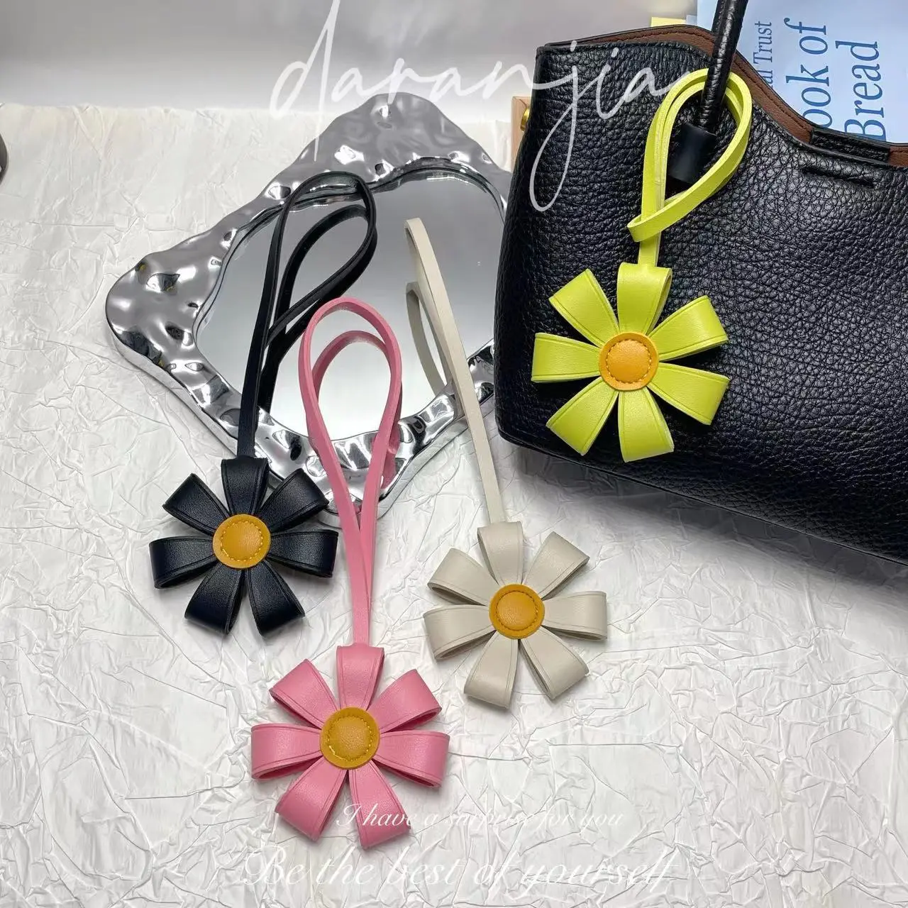 Colorful Sunflower Dopamine Bag Charm, PU Leather Small Flower Pendant, Exquisite Creative Leather Flower Ornament, Car Hanging