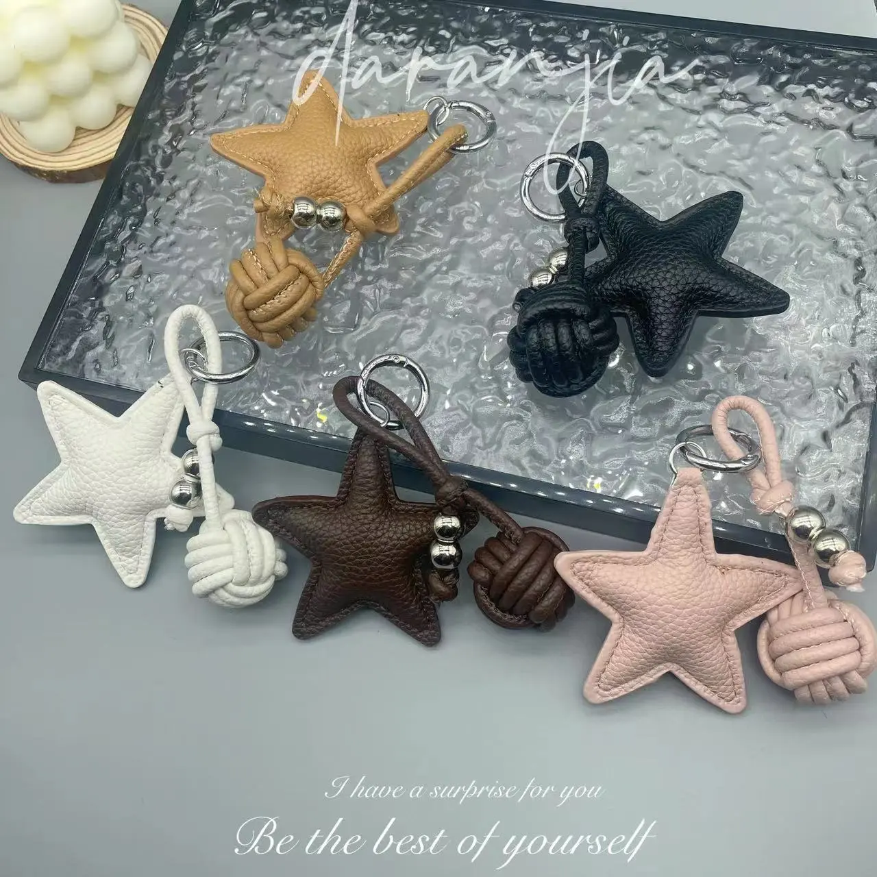 Five-pointed Star Woven Ball Charm, PU Leather Bag Pendant, Creative Woven Ball Star Keychain, Phone Hanger