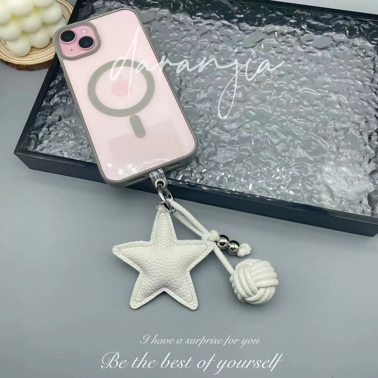 Five-pointed Star Woven Ball Charm, PU Leather Bag Pendant, Creative Woven Ball Star Keychain, Phone Hanger