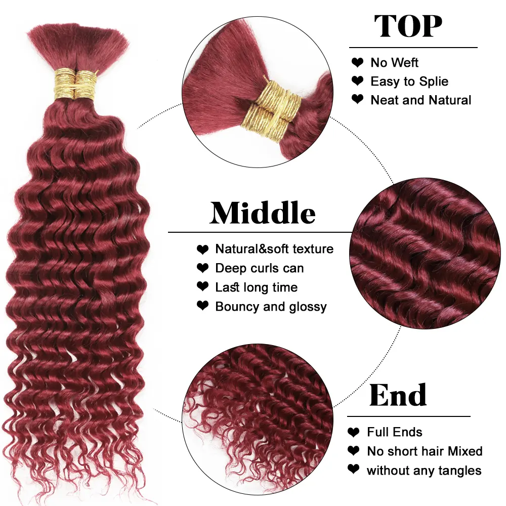 Bulk Braiding Hair Human hair Deep Wave Burgundy Braiding Hair For Boho Braids Hair Extensions Boho Braids Human Hair 99J Color
