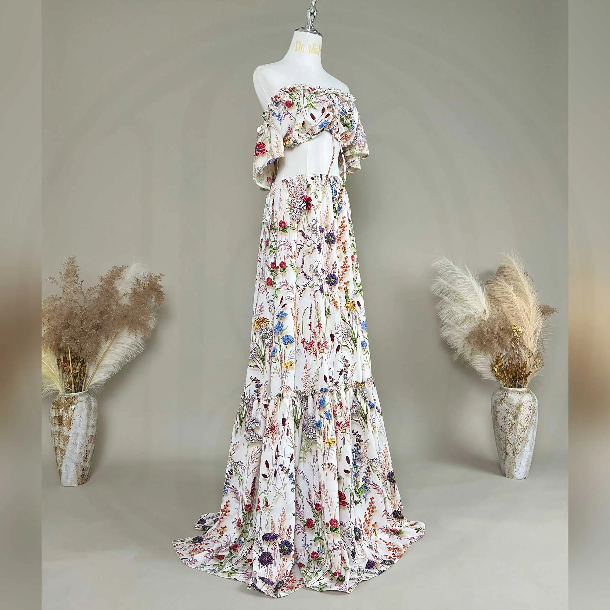 Bohemian Printed Off-the-Shoulder Two-Piece Maternity Photography Gown Clothing Women's Wedding Party Evening Dress Photo Shoot