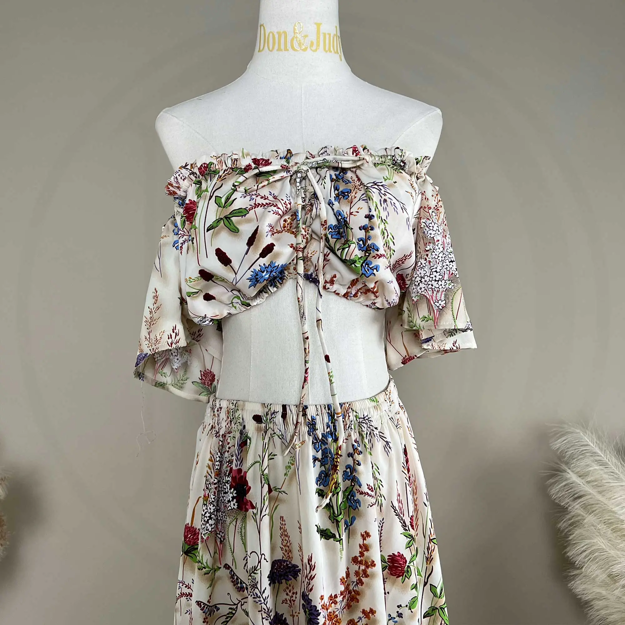 Bohemian Printed Off-the-Shoulder Two-Piece Maternity Photography Gown Clothing Women's Wedding Party Evening Dress Photo Shoot
