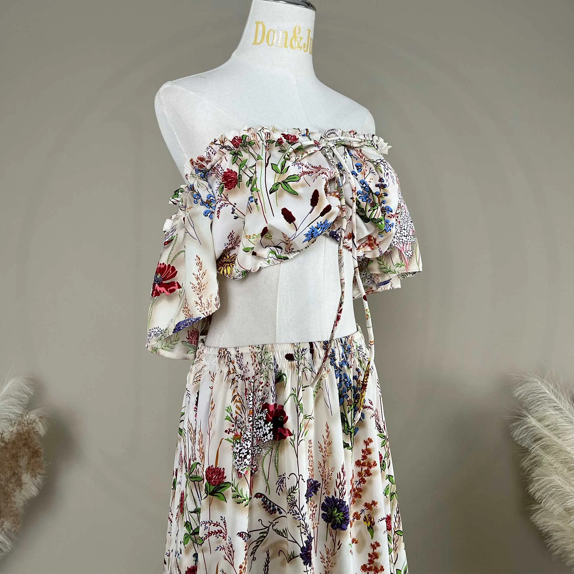 Bohemian Printed Off-the-Shoulder Two-Piece Maternity Photography Gown Clothing Women's Wedding Party Evening Dress Photo Shoot