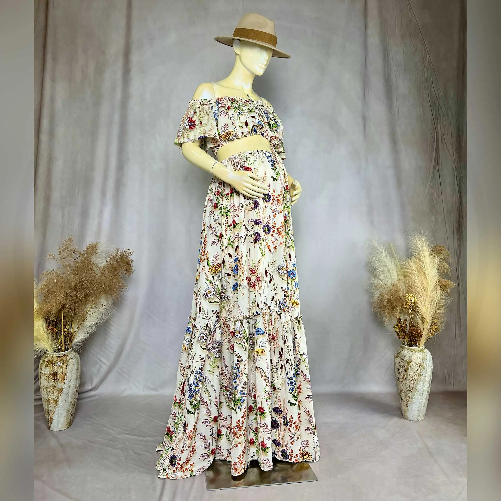 Bohemian Printed Off-the-Shoulder Two-Piece Maternity Photography Gown Clothing Women's Wedding Party Evening Dress Photo Shoot