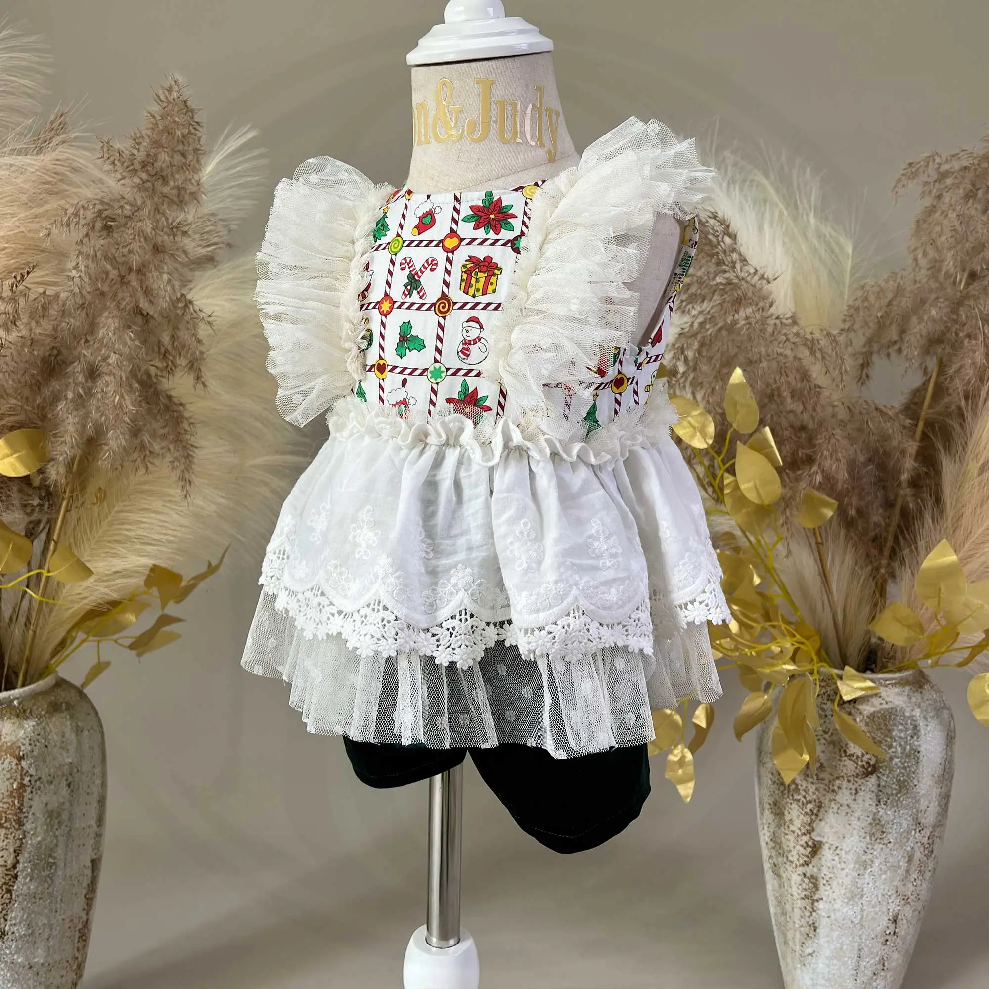 Girls1-6 Years Old Sleeveless Printedn Velvet Jumpsuit with Lace Trim For Kids Birthday Party First Communion Wear Photo Shoot