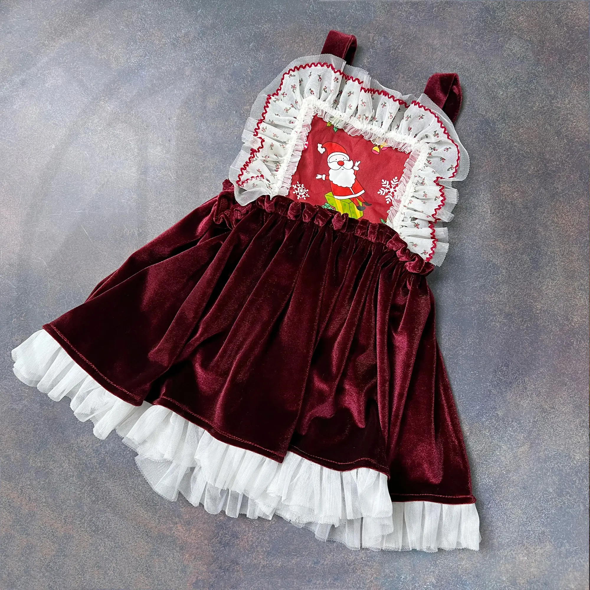Christmas Santa Claus Embroidery Velvet Lace Suspenders Dress Little Princess Cute Kids' Clothing Costume for Baby Photography
