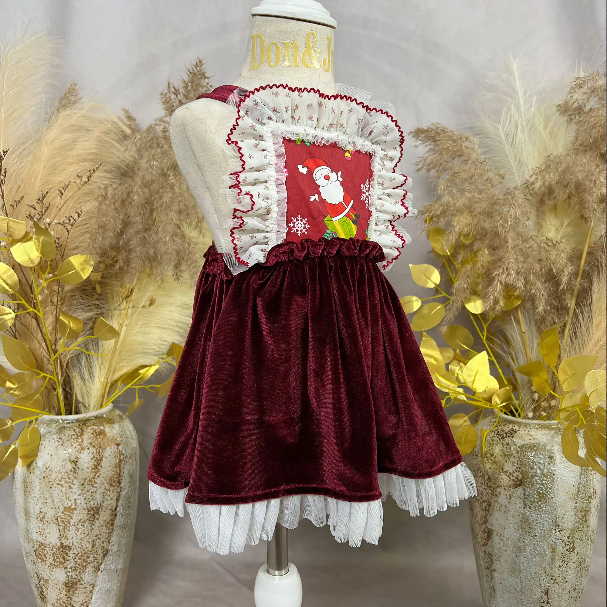 Christmas Santa Claus Embroidery Velvet Lace Suspenders Dress Little Princess Cute Kids' Clothing Costume for Baby Photography