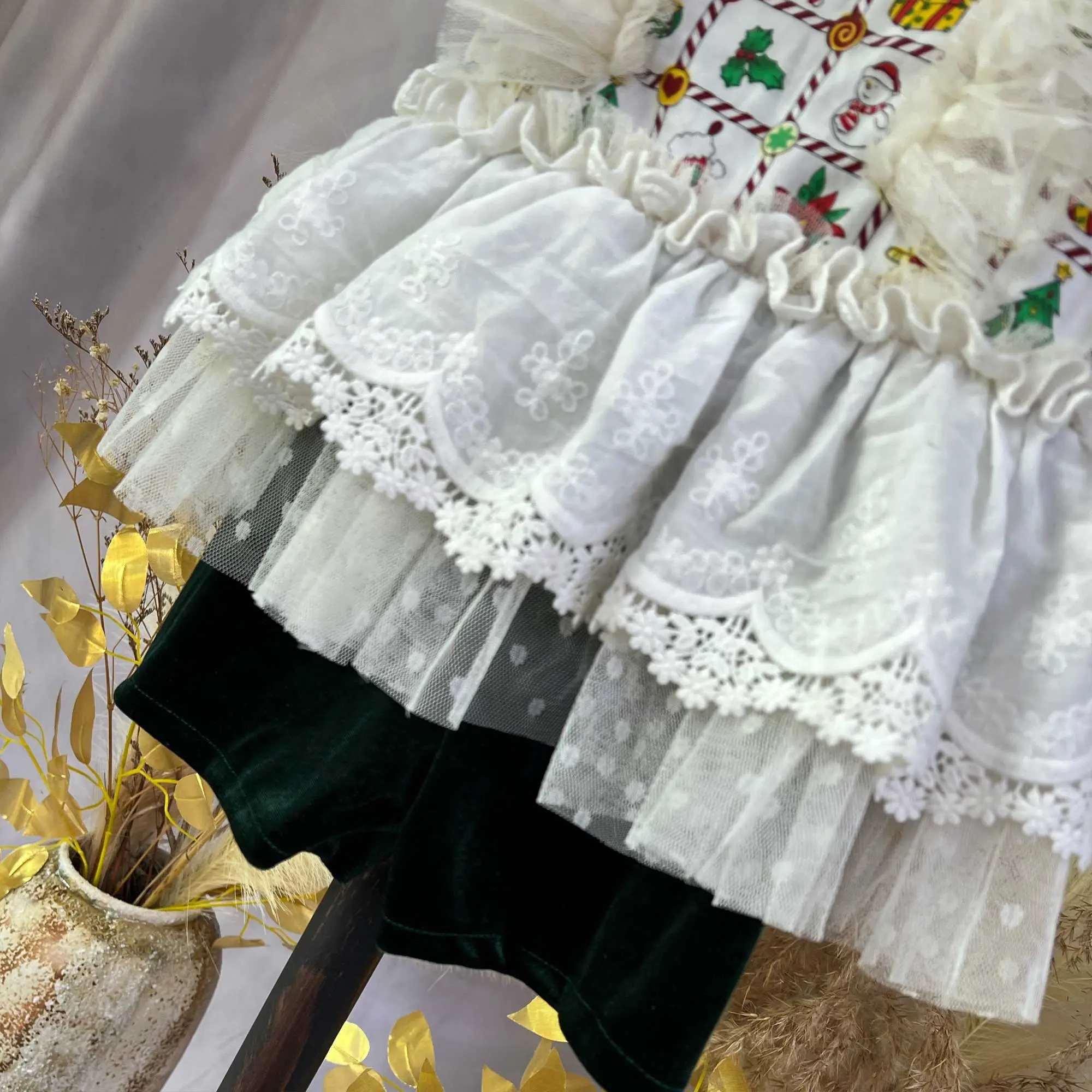 Girls1-6 Years Old Sleeveless Printedn Velvet Jumpsuit with Lace Trim For Kids Birthday Party First Communion Wear Photo Shoot