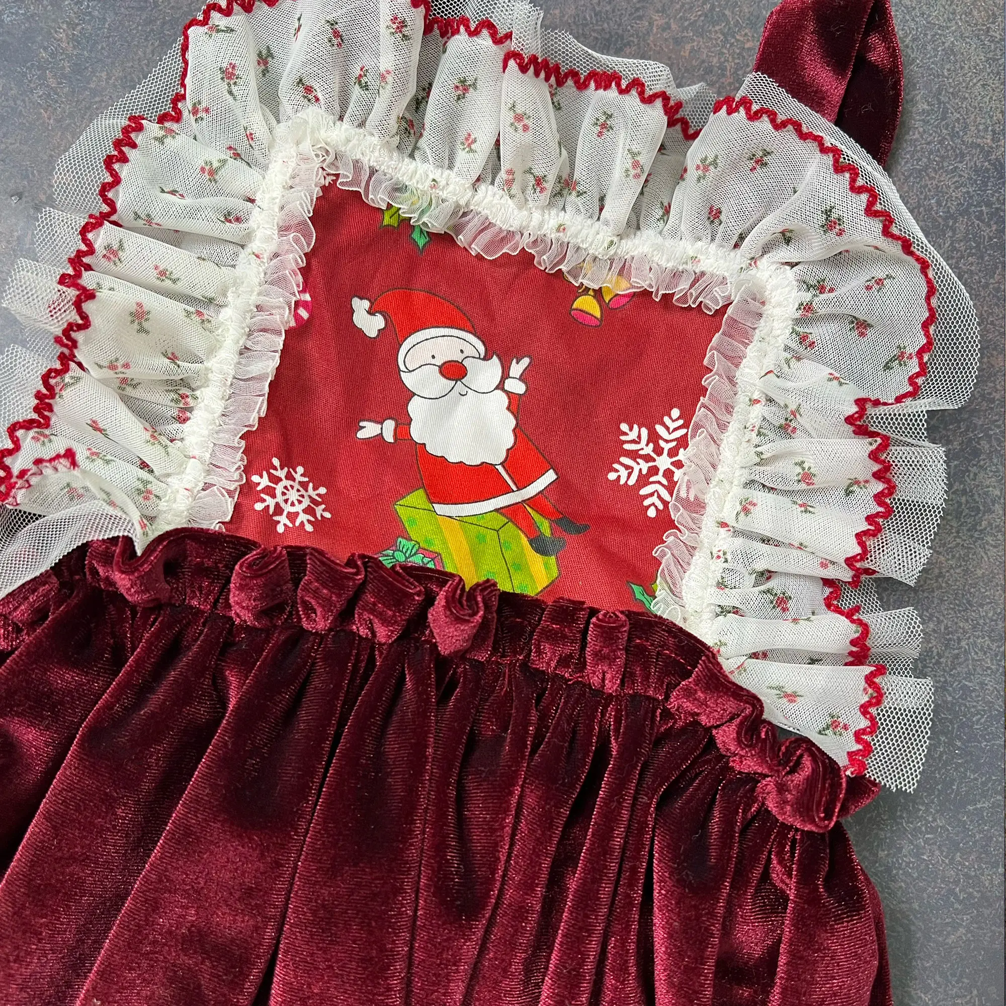 Christmas Santa Claus Embroidery Velvet Lace Suspenders Dress Little Princess Cute Kids' Clothing Costume for Baby Photography