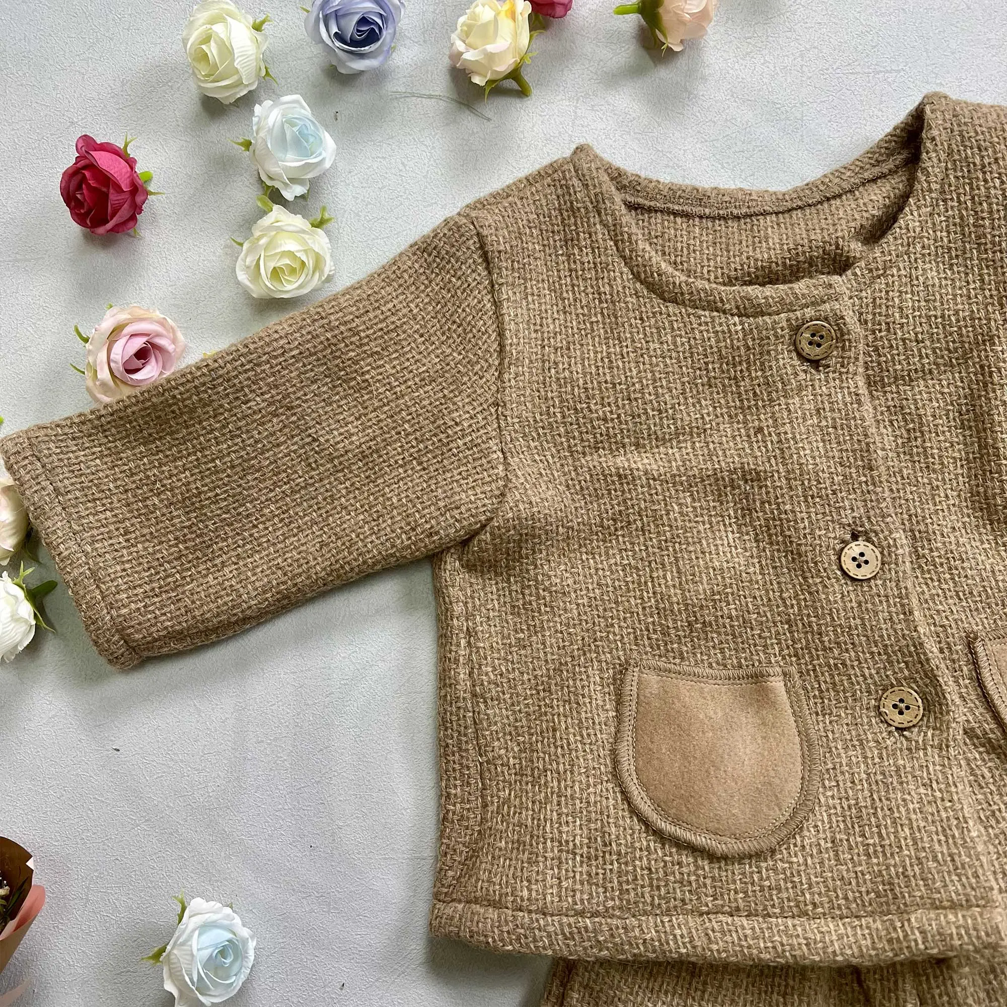 Toddler 1-6Y Camel Color Linen Top Wool Tweed Shorts Photoshoot Set Kids Photography Outfit Birthday Party Clothes
