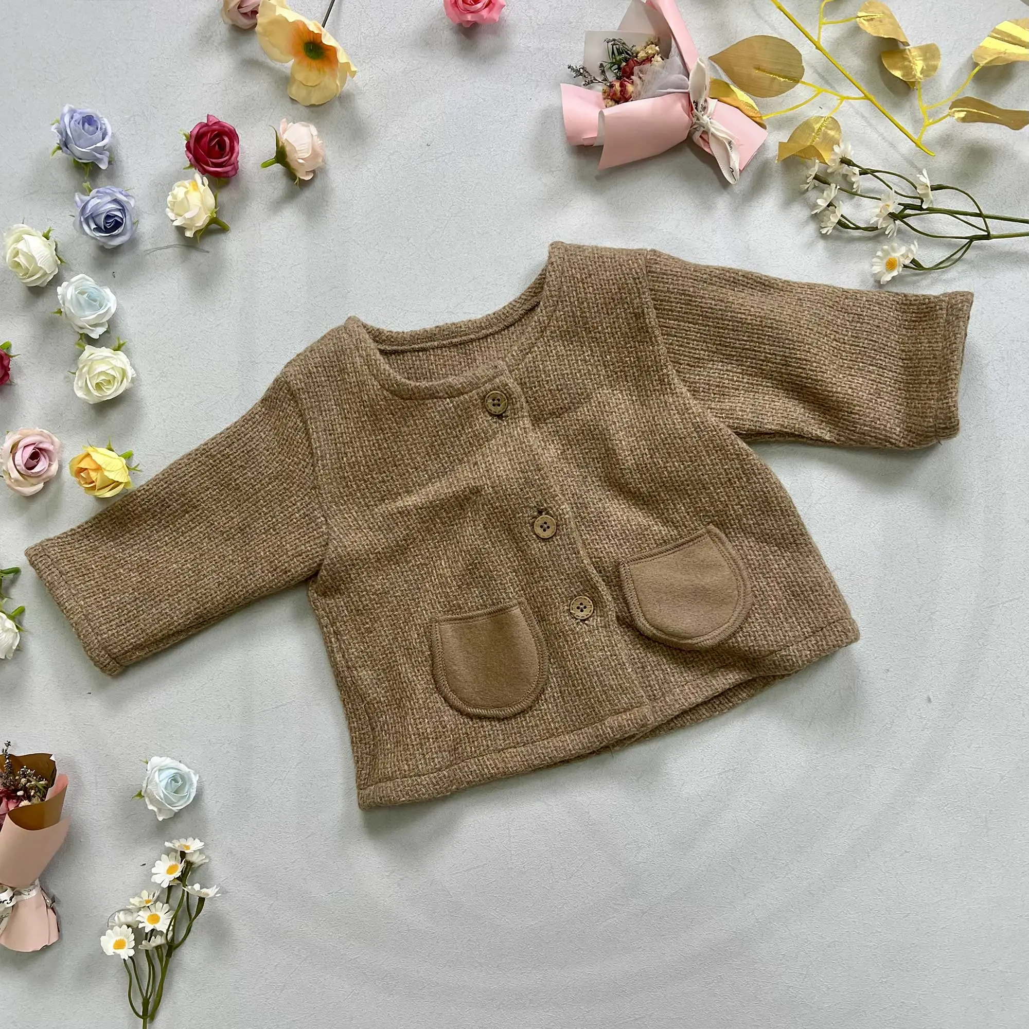 Toddler 1-6Y Camel Color Linen Top Wool Tweed Shorts Photoshoot Set Kids Photography Outfit Birthday Party Clothes