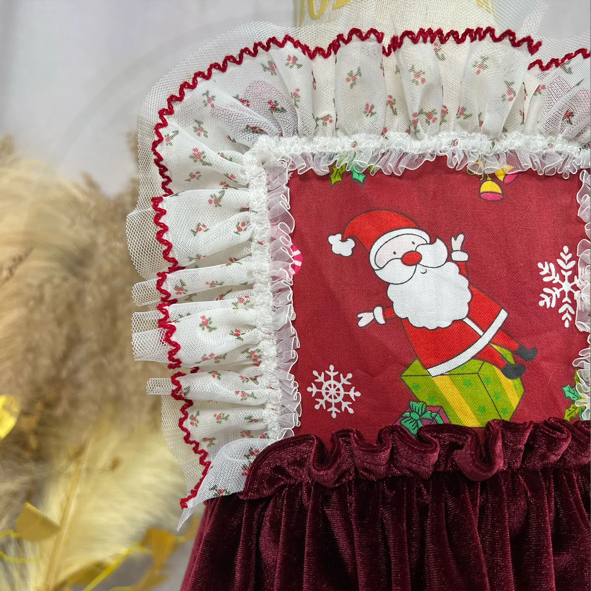 Christmas Santa Claus Embroidery Velvet Lace Suspenders Dress Little Princess Cute Kids' Clothing Costume for Baby Photography