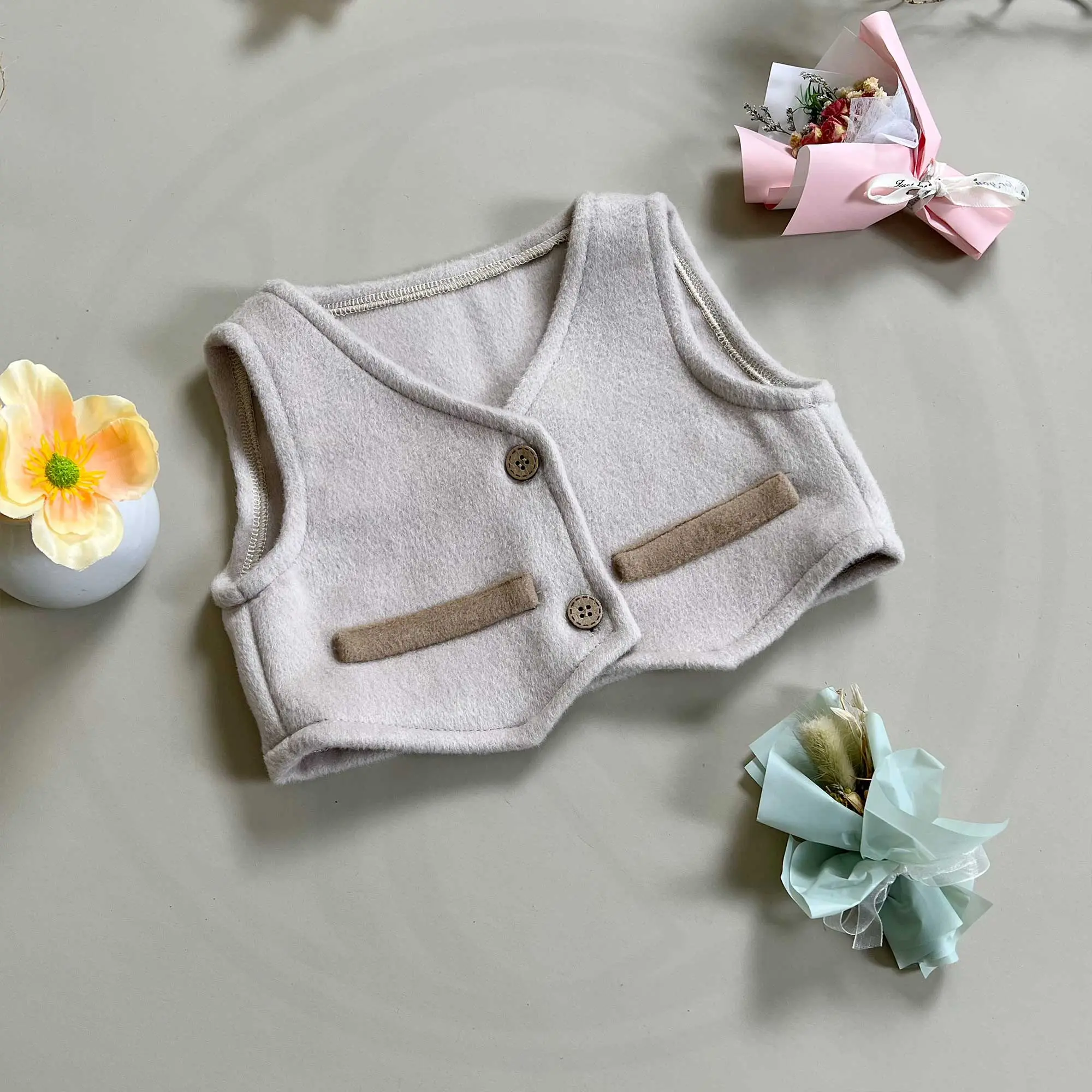 1-6 Years Old Wool Tweed Suspenders Pants Beige Wool Blazer Baby Sets New Style Outfit Sets Photography Studio Photo Prop