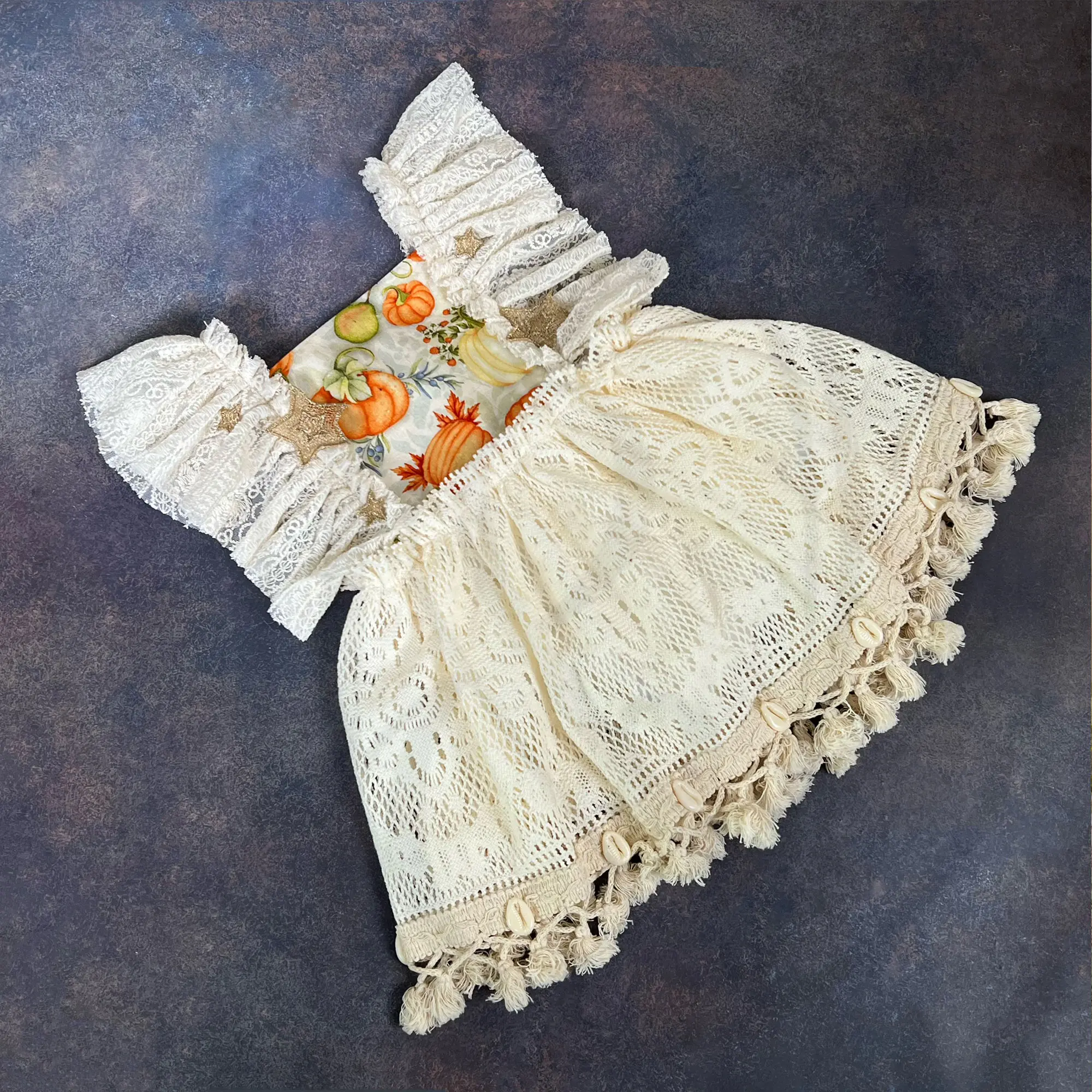 Square Neck Pumpkin Printed Lace Dress with Tassel Decoration on the Hem Lovely Children's Wear Festive Princess Gown Photo Prop