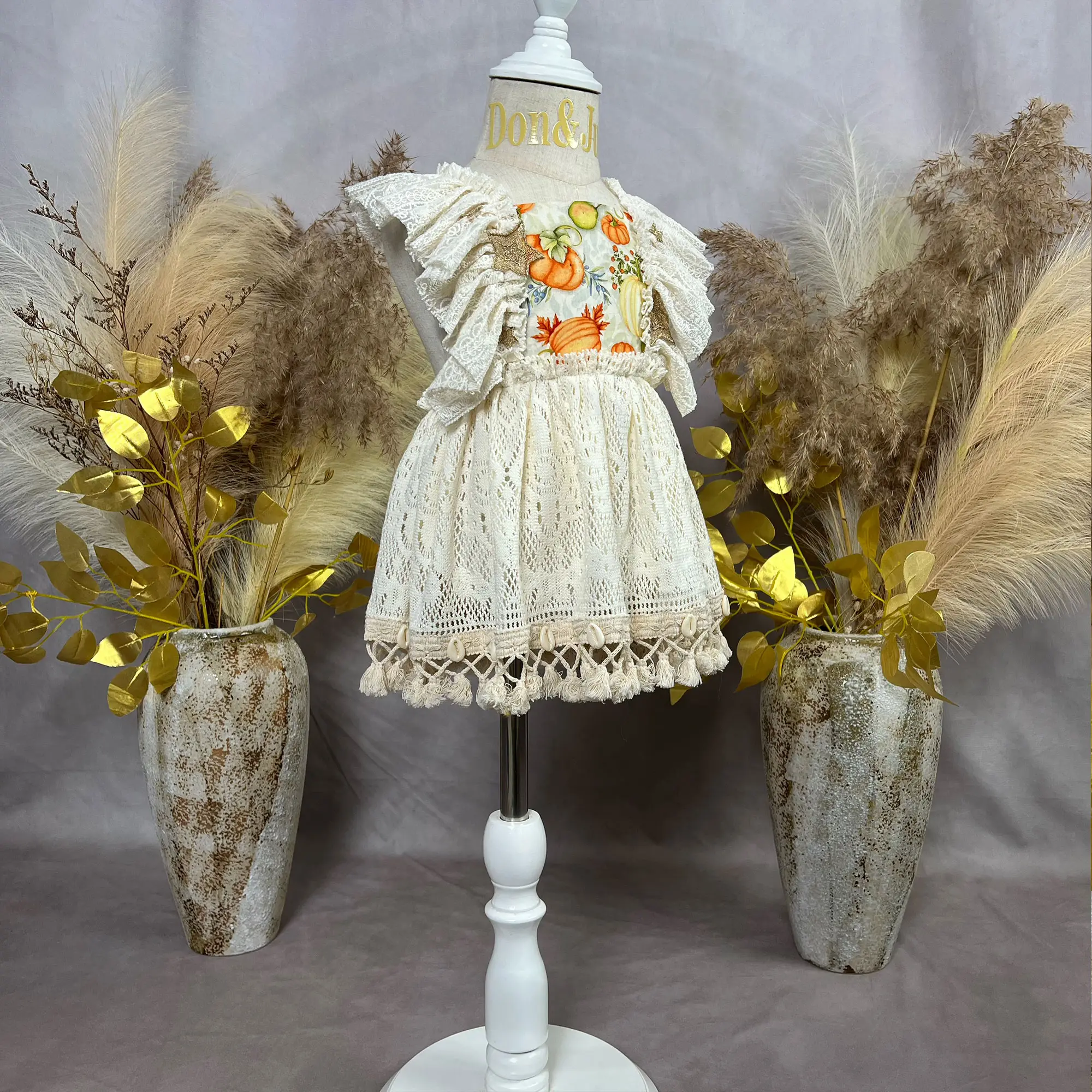 Square Neck Pumpkin Printed Lace Dress with Tassel Decoration on the Hem Lovely Children's Wear Festive Princess Gown Photo Prop