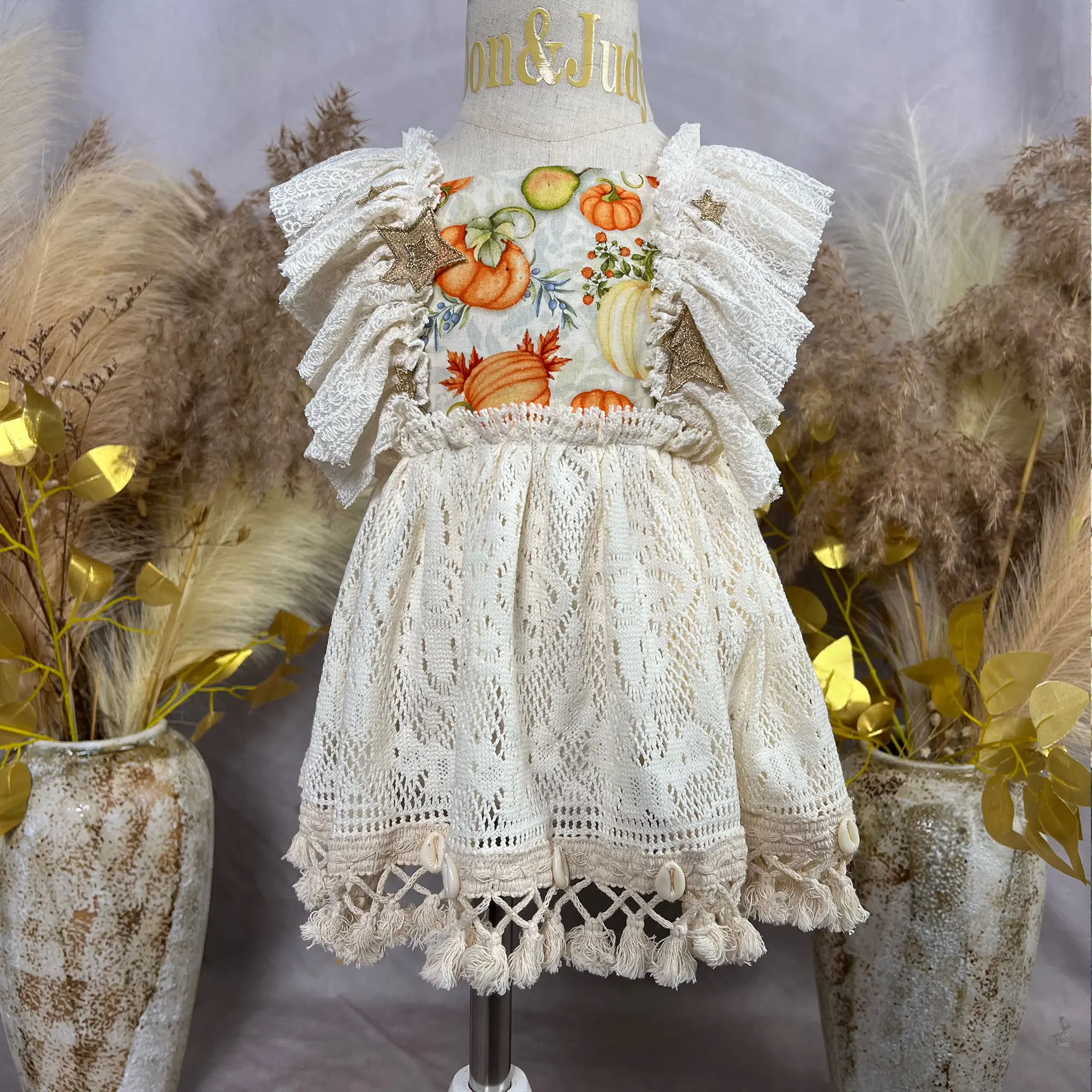 Square Neck Pumpkin Printed Lace Dress with Tassel Decoration on the Hem Lovely Children's Wear Festive Princess Gown Photo Prop