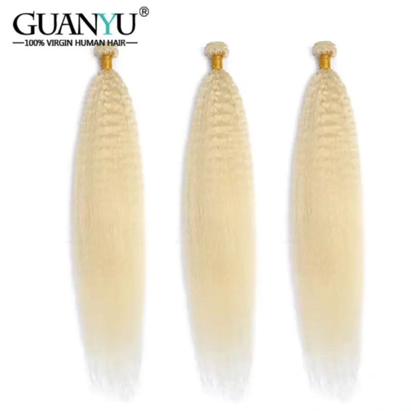 #613 Blonde Kinky Straight Hair Bundles with Frontal Brazilian 100% Human Hair Weave 3 Bundles with Lace Frontal 13x4 KKS