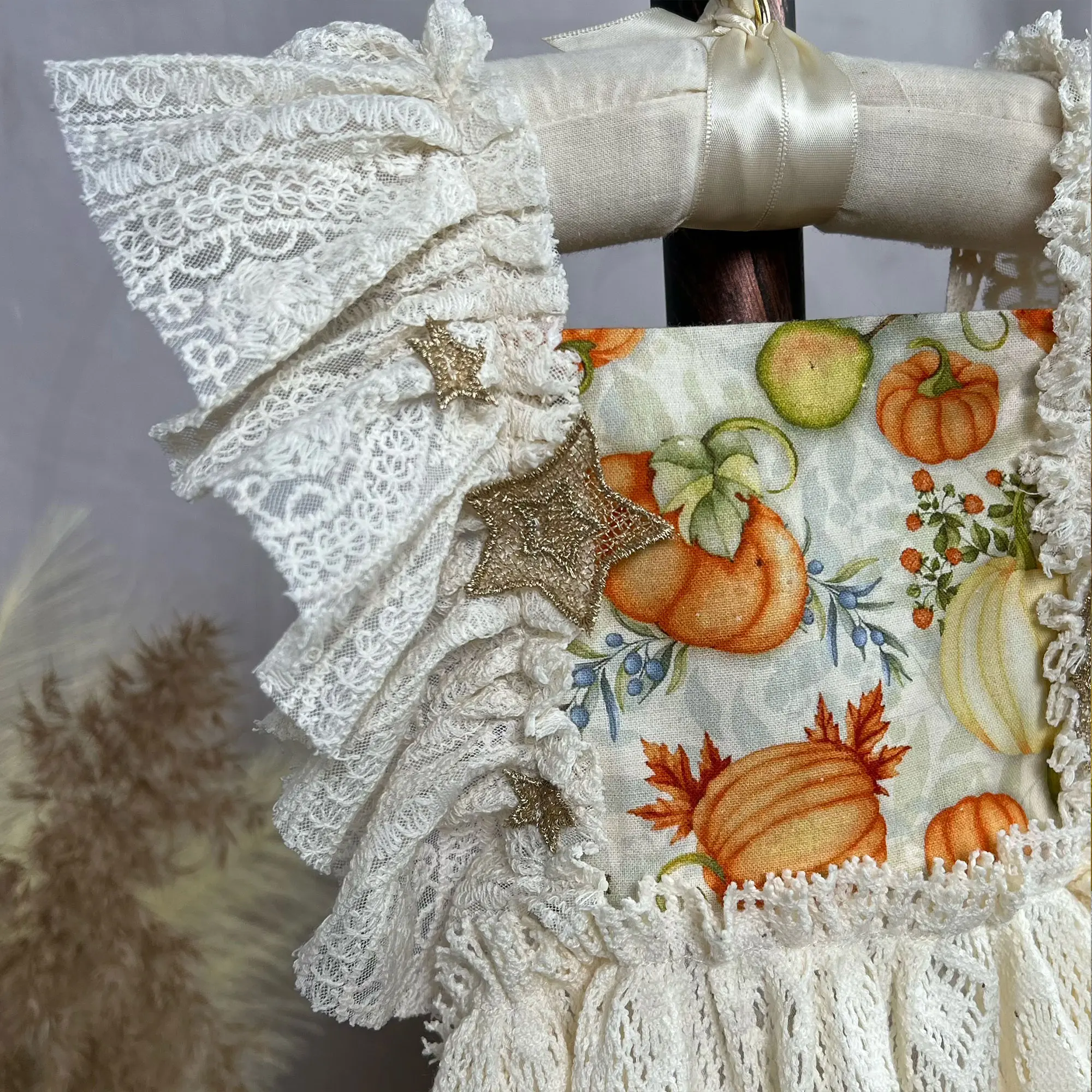Square Neck Pumpkin Printed Lace Dress with Tassel Decoration on the Hem Lovely Children's Wear Festive Princess Gown Photo Prop