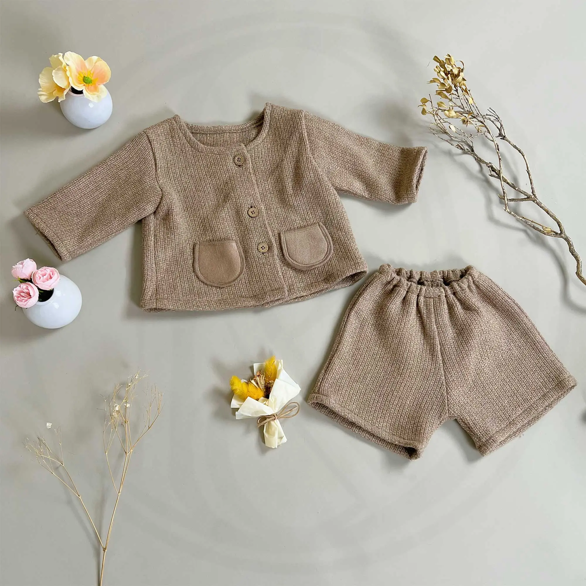 Toddler 1-6Y Camel Color Linen Top Wool Tweed Shorts Photoshoot Set Kids Photography Outfit Birthday Party Clothes