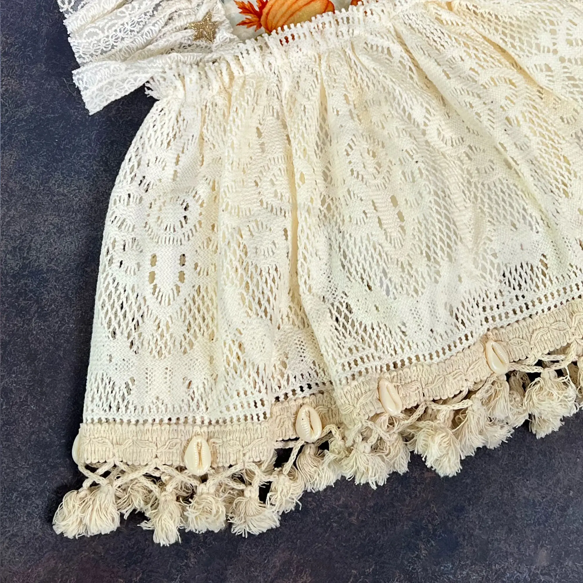 Square Neck Pumpkin Printed Lace Dress with Tassel Decoration on the Hem Lovely Children's Wear Festive Princess Gown Photo Prop