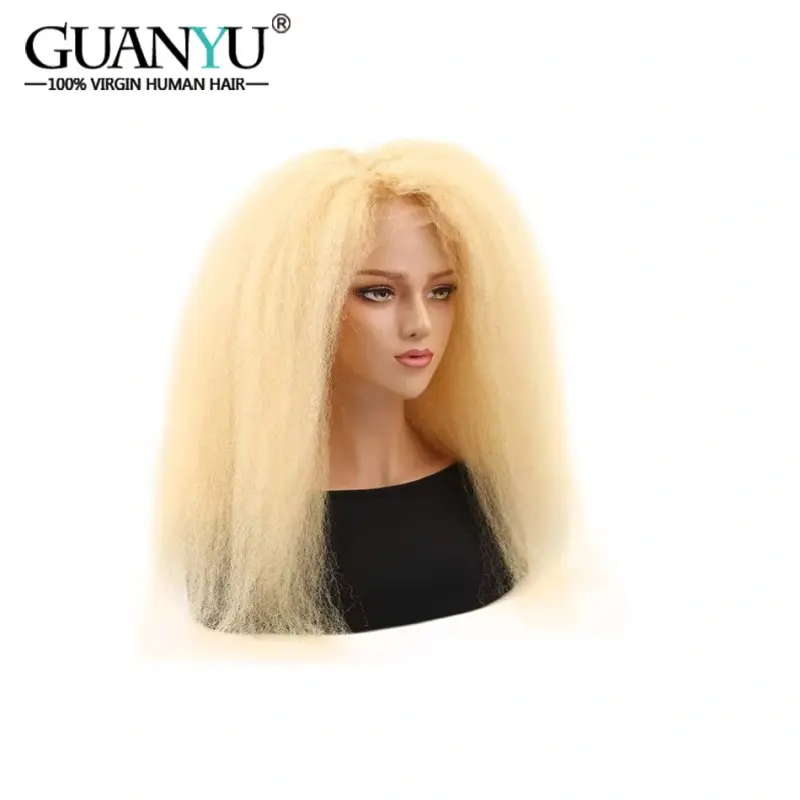 #613 Blonde Kinky Straight Hair Bundles with Frontal Brazilian 100% Human Hair Weave 3 Bundles with Lace Frontal 13x4 KKS