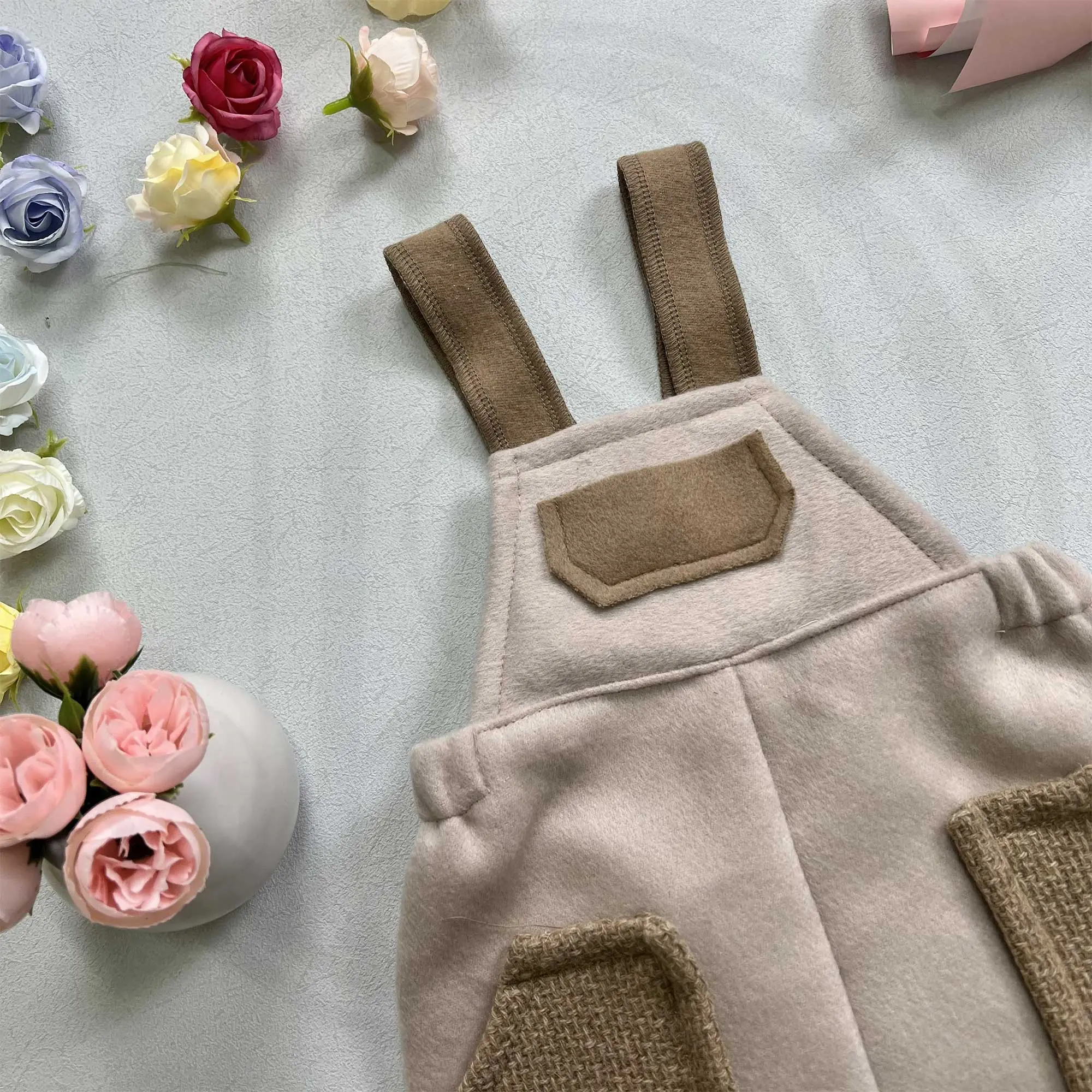 1-6 Years Old Wool Tweed Suspenders Pants Beige Wool Blazer Baby Sets New Style Outfit Sets Photography Studio Photo Prop