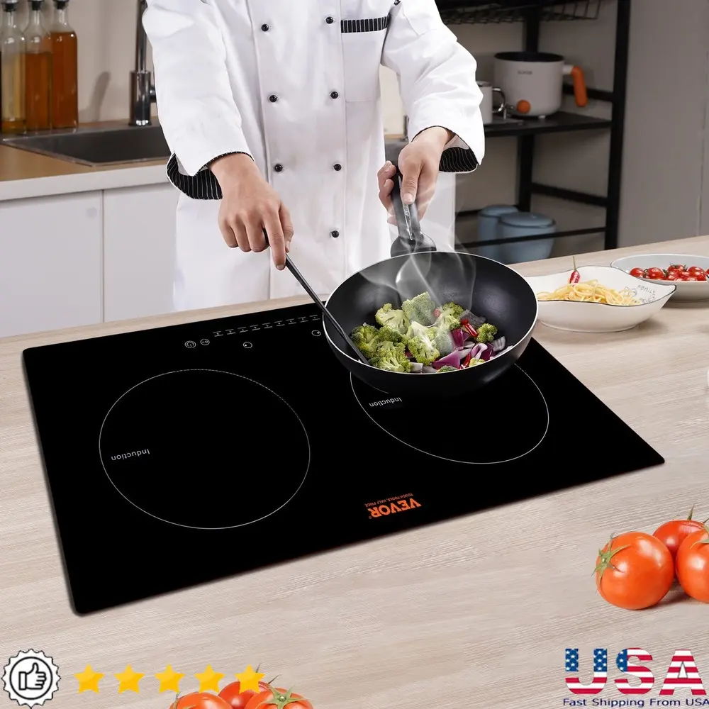 24 Inch Electric Cooktop 2 Burners Ceramic Glass Stove Touch Control 1800W High Power 9 Heat Levels Timer Safety Features