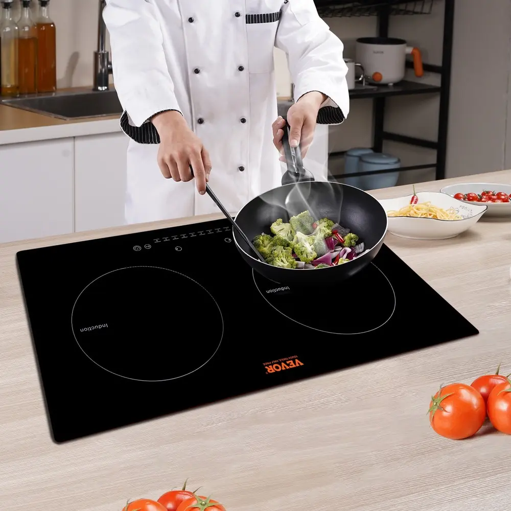 24 Inch Electric Cooktop 2 Burners Ceramic Glass Stove Touch Control 1800W High Power 9 Heat Levels Timer Safety Features