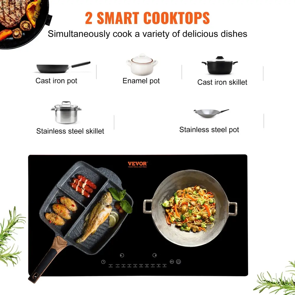 24 Inch Electric Cooktop 2 Burners Ceramic Glass Stove Touch Control 1800W High Power 9 Heat Levels Timer Safety Features
