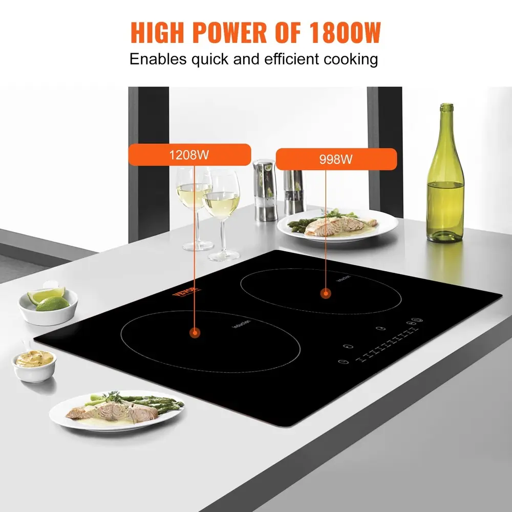 24 Inch Electric Cooktop 2 Burners Ceramic Glass Stove Touch Control 1800W High Power 9 Heat Levels Timer Safety Features
