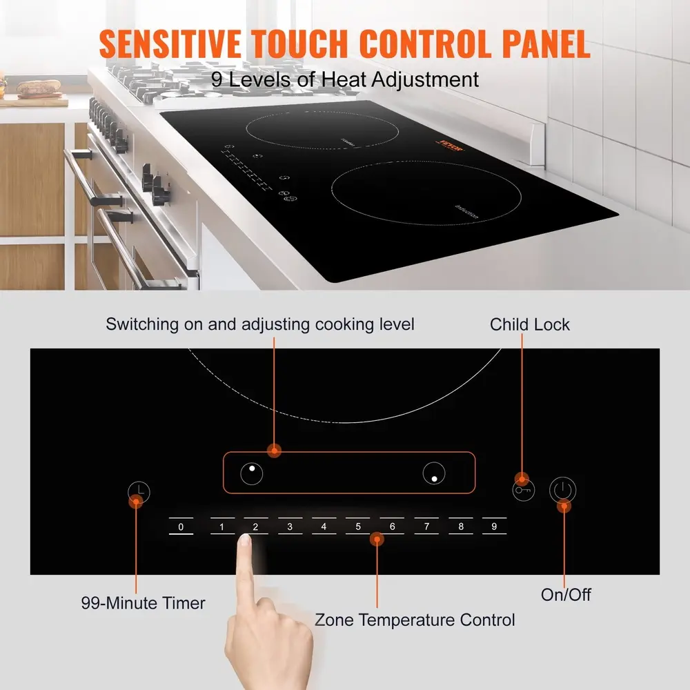 24 Inch Electric Cooktop 2 Burners Ceramic Glass Stove Touch Control 1800W High Power 9 Heat Levels Timer Safety Features