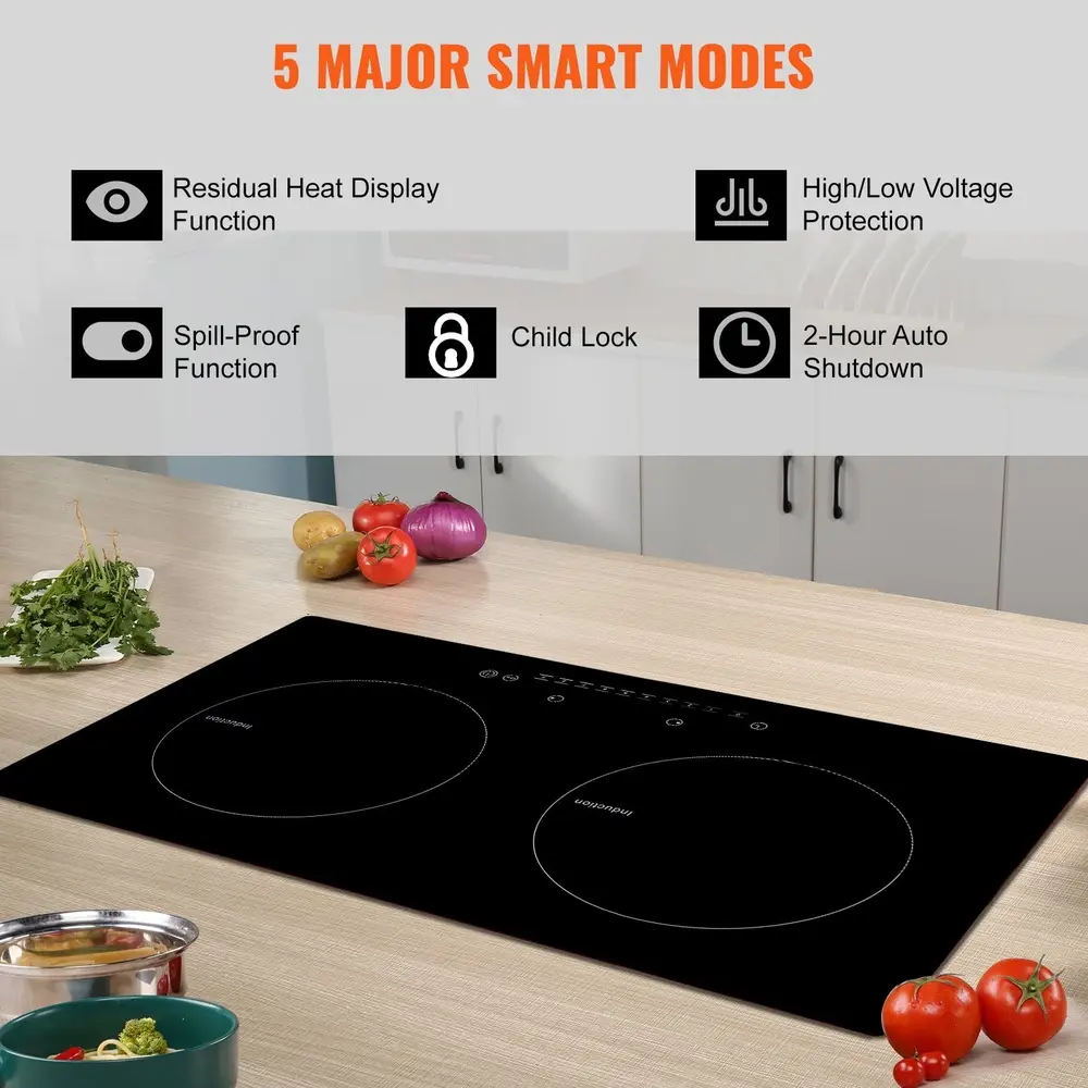 24 Inch Electric Cooktop 2 Burners Ceramic Glass Stove Touch Control 1800W High Power 9 Heat Levels Timer Safety Features