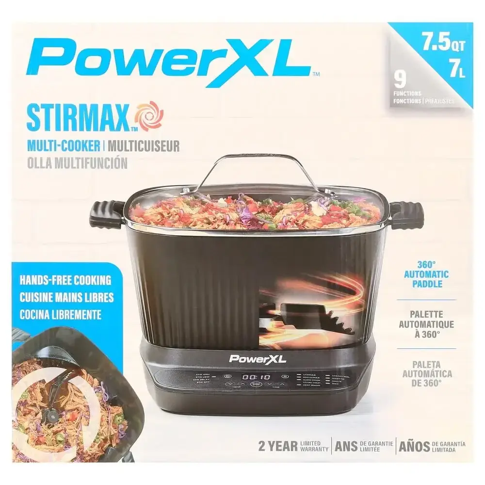 Power XL Family Size 7.5Qt StirMax Multi-Cooker with Auto Stir/Shred Paddle 9 Presets Ceramic Coated Pot Glass Lid Dishwasher