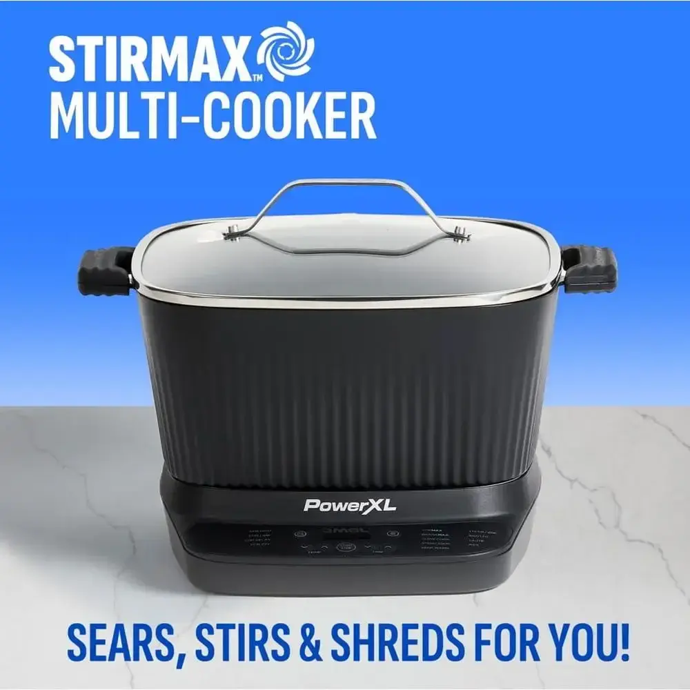 Power XL Family Size 7.5Qt StirMax Multi-Cooker with Auto Stir/Shred Paddle 9 Presets Ceramic Coated Pot Glass Lid Dishwasher