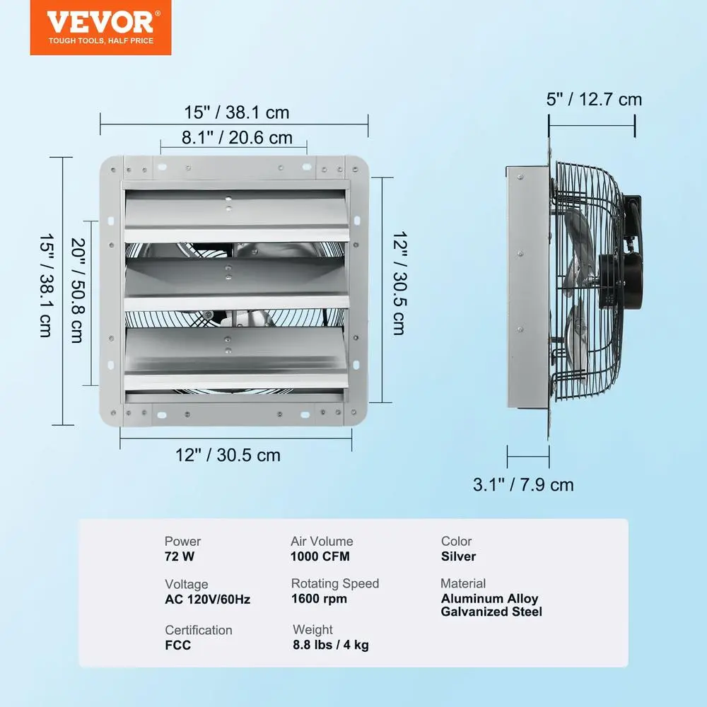 Shutter Exhaust Fan Wall Mounted 12 Inch 1000 CFM High Airflow Ventilator Thermally Protected Aluminum Dust Water Resistant
