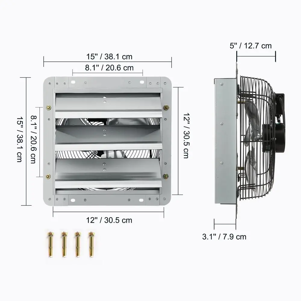 Shutter Exhaust Fan Wall Mounted 12 Inch 1000 CFM High Airflow Ventilator Thermally Protected Aluminum Dust Water Resistant