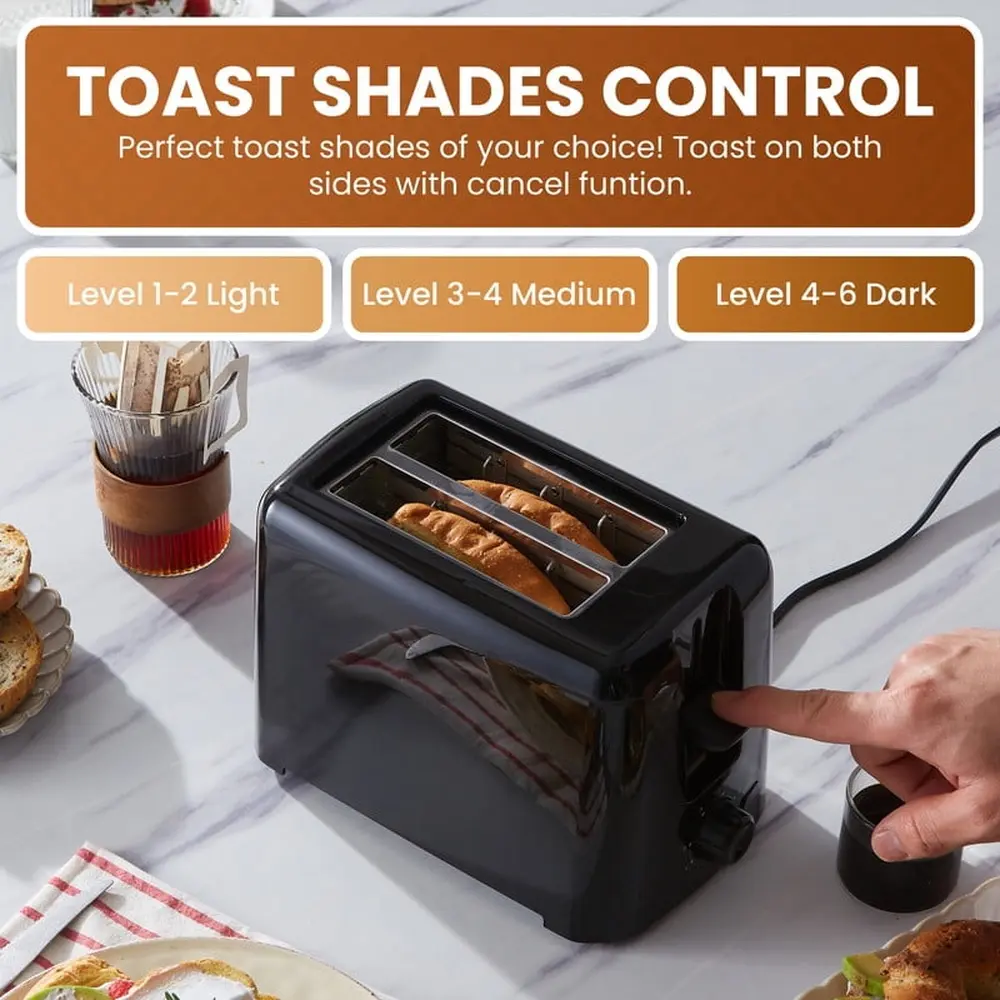 2 Slice Cool Touch Toaster with 6 Adjustable Toast Shades and Drop Down Crumb Tray Easy Cleaning and Safe Use