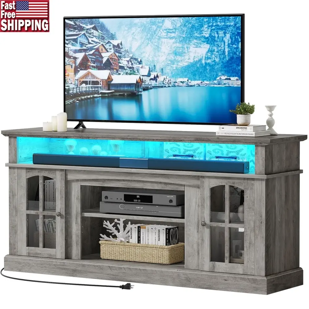 Farmhouse LED TV Stand 65in TVs Wood Media Console Shelves Storage Entertainment Center Living Room Adjustable Cable Management