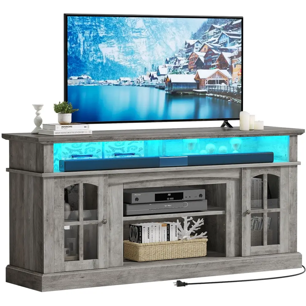 Farmhouse LED TV Stand 65in TVs Wood Media Console Shelves Storage Entertainment Center Living Room Adjustable Cable Management