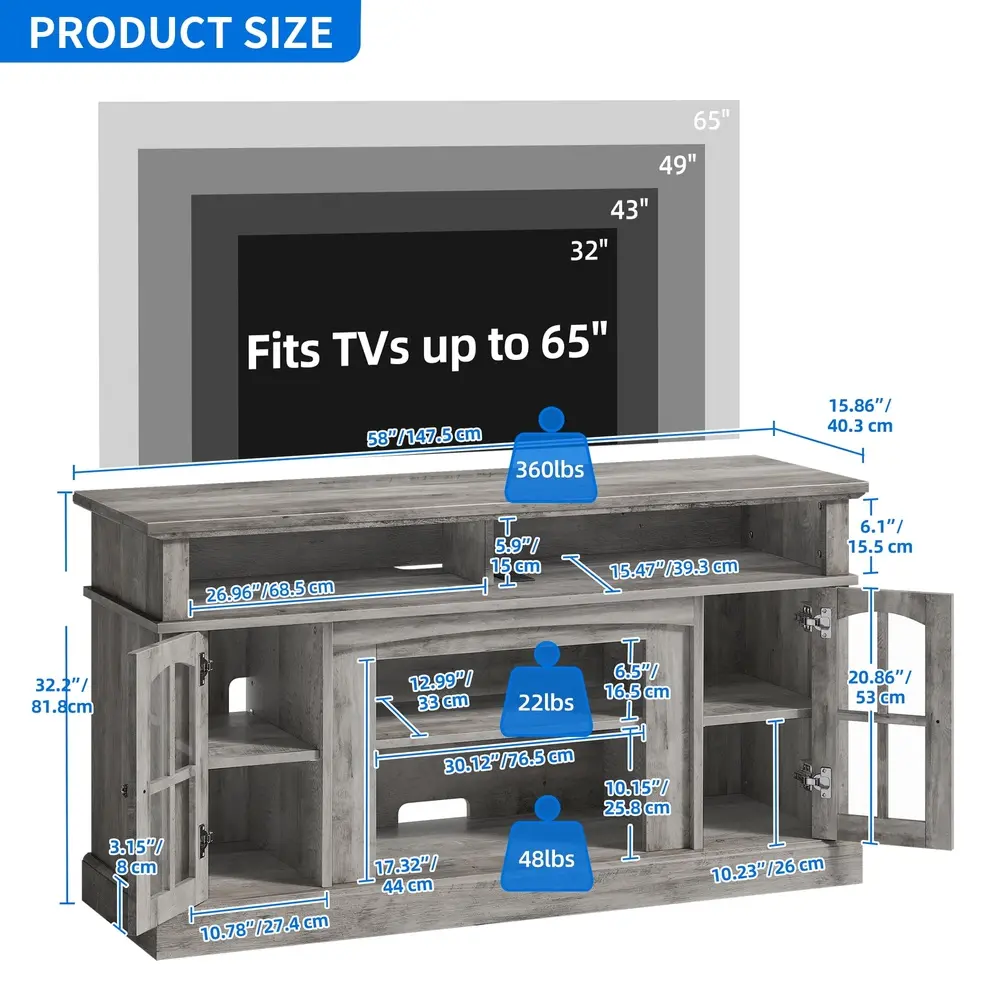 Farmhouse LED TV Stand 65in TVs Wood Media Console Shelves Storage Entertainment Center Living Room Adjustable Cable Management