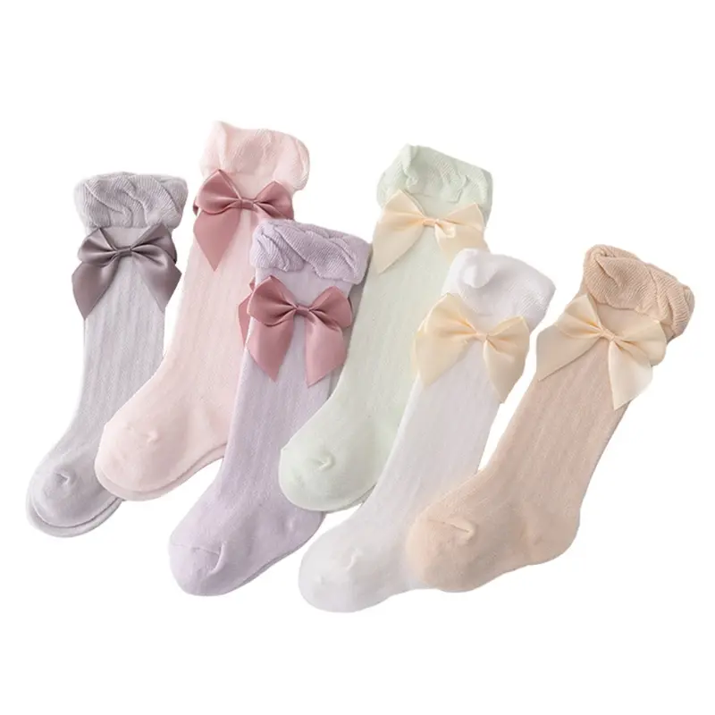 Newborn Baby Girls Summer Thin Mesh High Tube Socks Sweet Bow Solid Color Anti-Mosquito Cotton Over the Knee Stockings