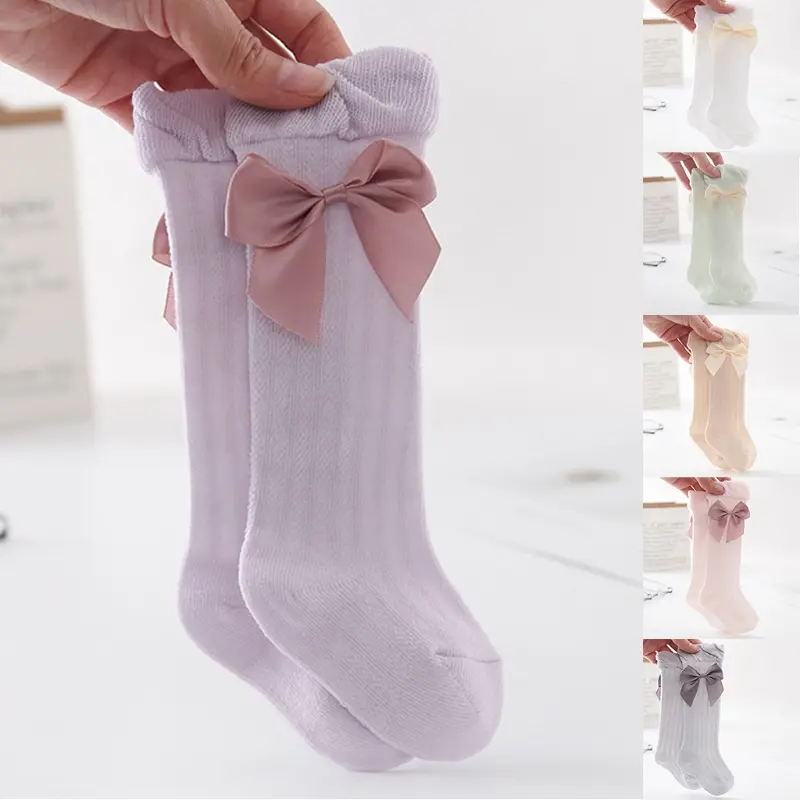 Newborn Baby Girls Summer Thin Mesh High Tube Socks Sweet Bow Solid Color Anti-Mosquito Cotton Over the Knee Stockings