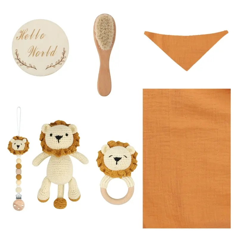 Newborn Gift Baby Swaddle Blanket Hair Brush Toy lion Pacifier Clip Teether Raffle bell Crochet doll Kit for Infant Photo Props