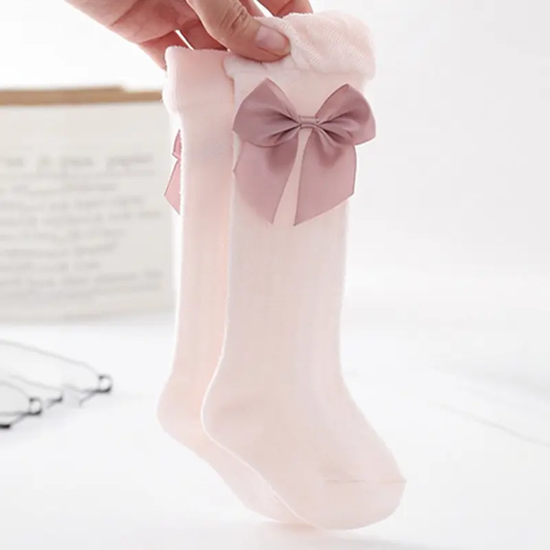 Newborn Baby Girls Summer Thin Mesh High Tube Socks Sweet Bow Solid Color Anti-Mosquito Cotton Over the Knee Stockings