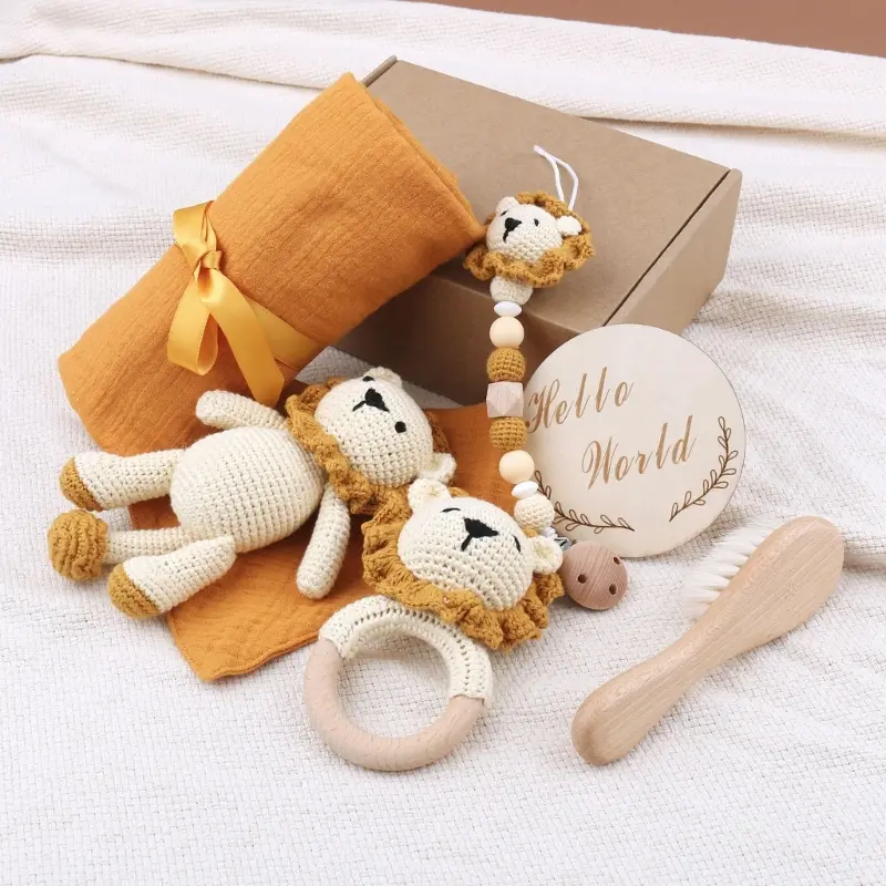 Newborn Gift Baby Swaddle Blanket Hair Brush Toy lion Pacifier Clip Teether Raffle bell Crochet doll Kit for Infant Photo Props