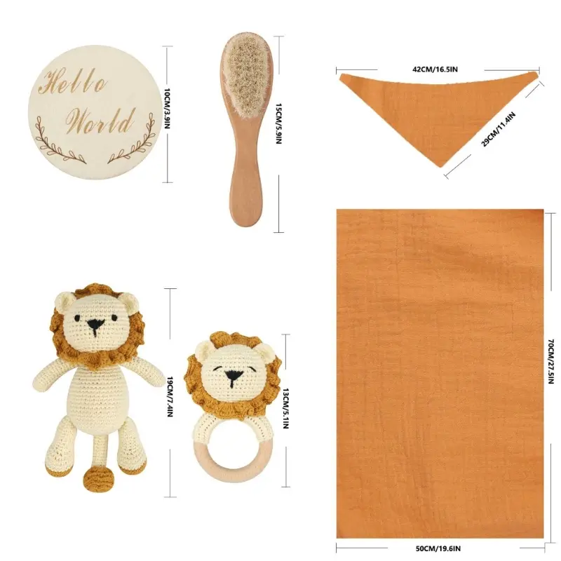Newborn Gift Baby Swaddle Blanket Hair Brush Toy lion Pacifier Clip Teether Raffle bell Crochet doll Kit for Infant Photo Props