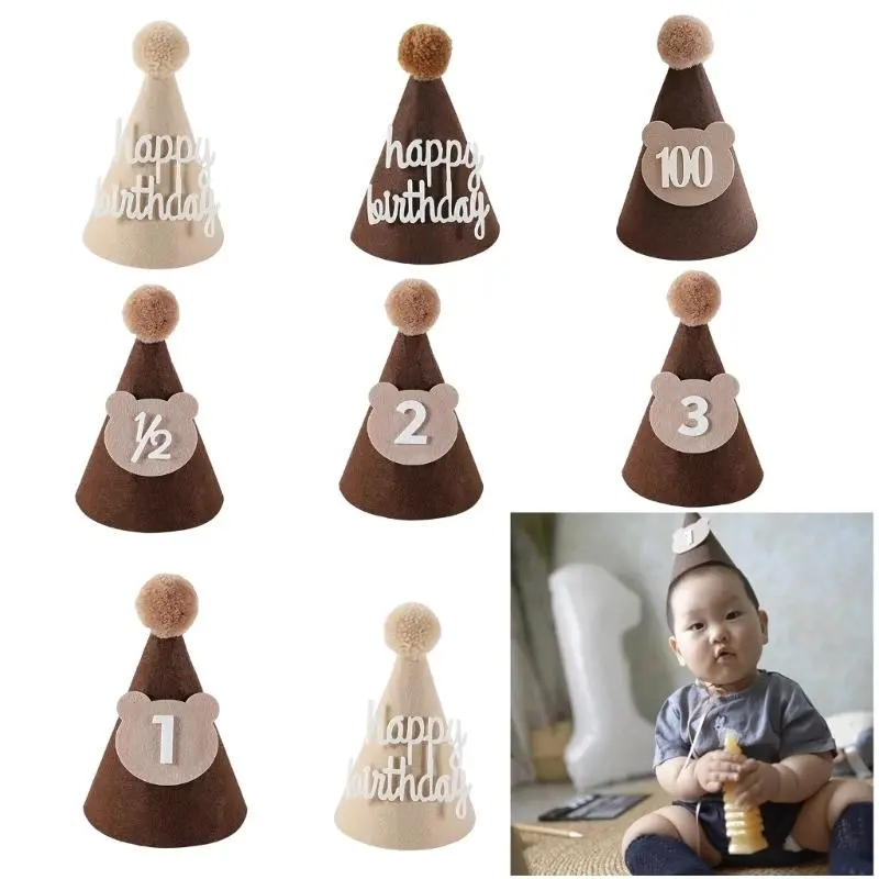 M76C Baby Birthday Hat with Chin Strap for 1st 2nd 3rd Year 100 Days Shower Party